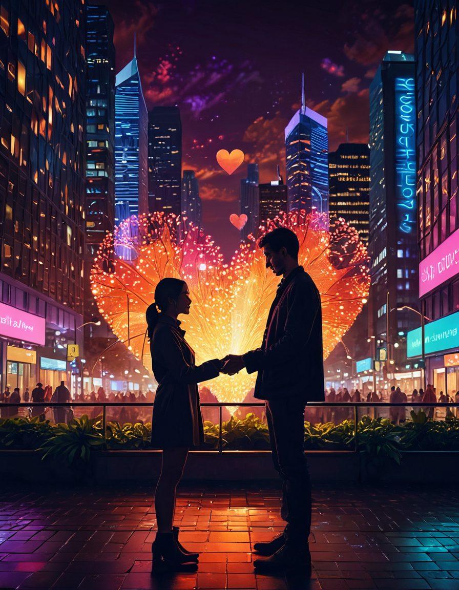 A couple standing together, surrounded by digital elements symbolizing connection and communication, with heart-shaped interfaces glowing around them. The backdrop features vibrant cityscapes merging with nature, symbolizing harmony and growth in relationship dynamics. The overall ambiance is warm and inviting, with soft lighting that represents love and transformation. vibrant colors. 3D.