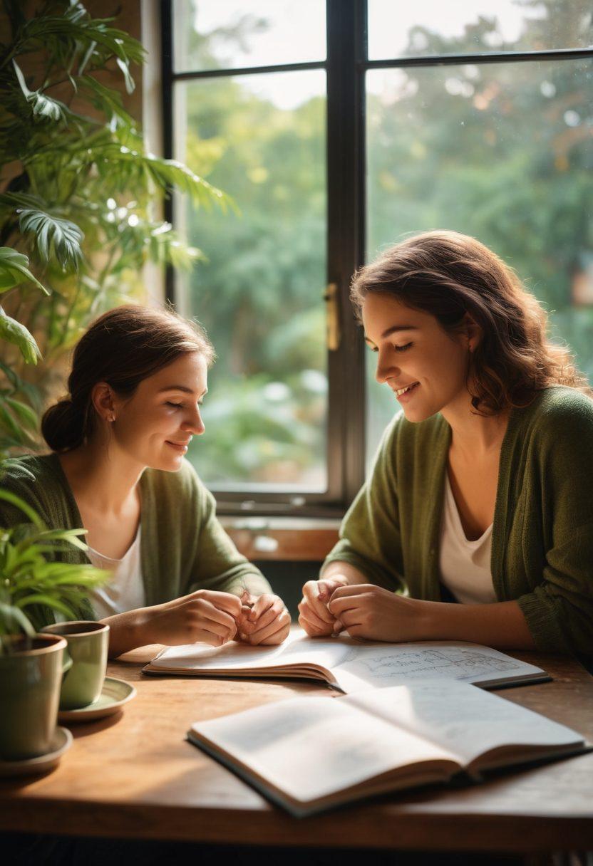 A warm, inviting scene of two people sharing a heartfelt conversation in a cozy café, surrounded by soft lighting and lush plants. On their table, an open notebook filled with colorful sketches of innovative relationship ideas, accompanied by cups of steaming tea. The atmosphere radiates affection and connection, with their eyes reflecting love and devotion. super-realistic. vibrant colors. soft focus.